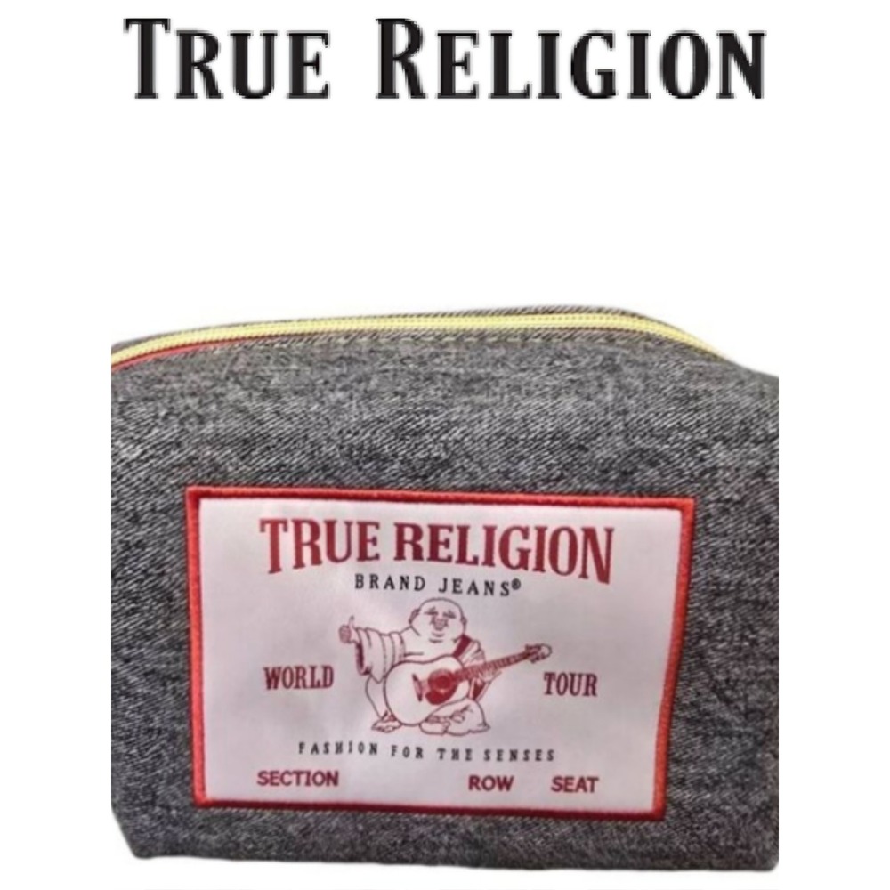 True Religion World Tour Patch Logo Denim Cosmetic Bag